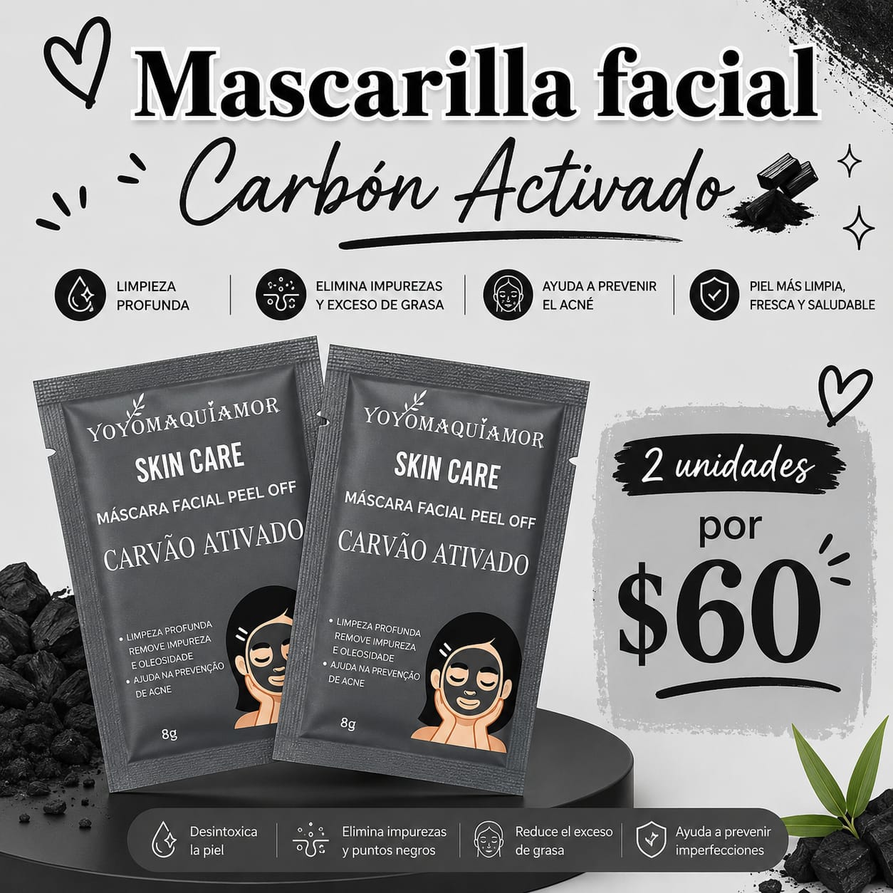 Mascarilla peel off facial carbón activado x2 unidades
