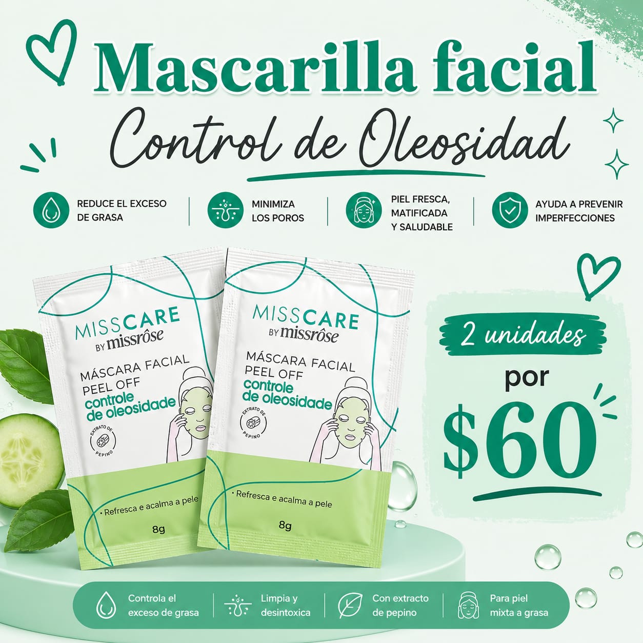 Mascarilla peel off facial control de oleosidad x2 unidades