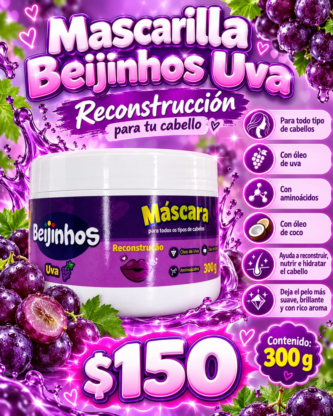 Mascarilla capilar beijinhos uva