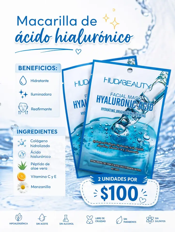 Mascarilla facial ácido hialurónico x2 unidades