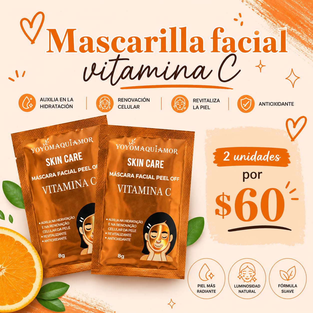 Mascarilla peel of facial vitamina c x2 unidades