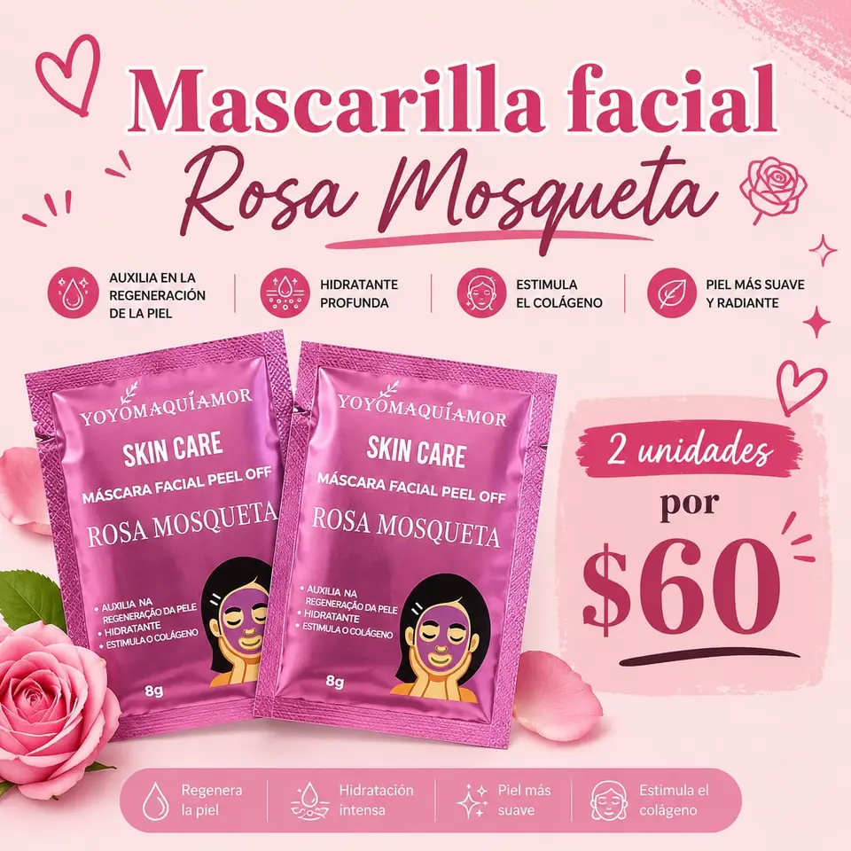 Mascarilla peel off facial rosa mosqueta x2 unidades