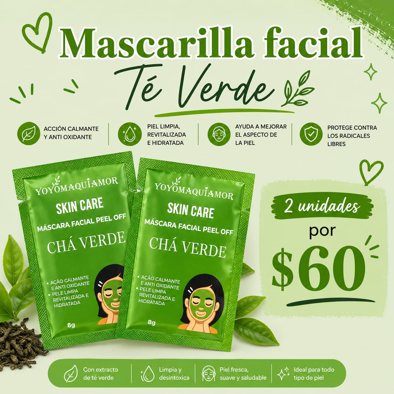 Mascarilla peel off facial té verde x2 unidades