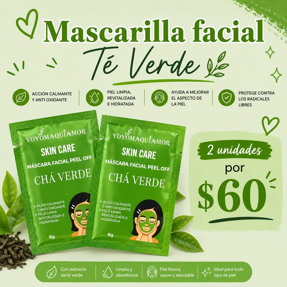 Mascarilla peel off facial té verde x2 unidades
