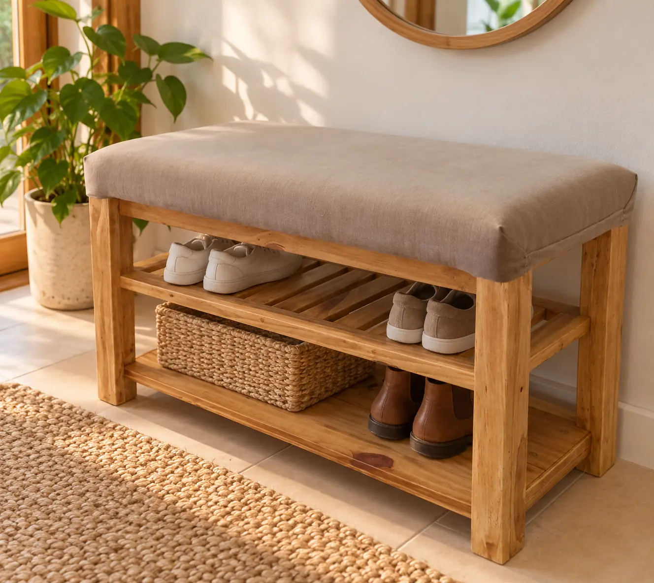 Banco Zapatero de Madera con Asiento Tapizado