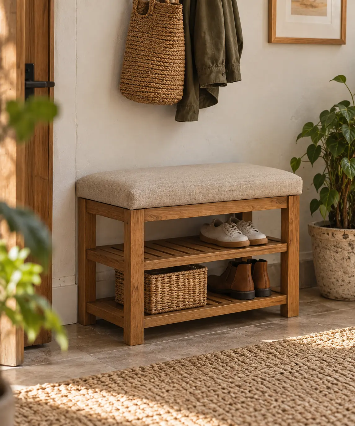 Banco Zapatero de Madera con Asiento Tapizado