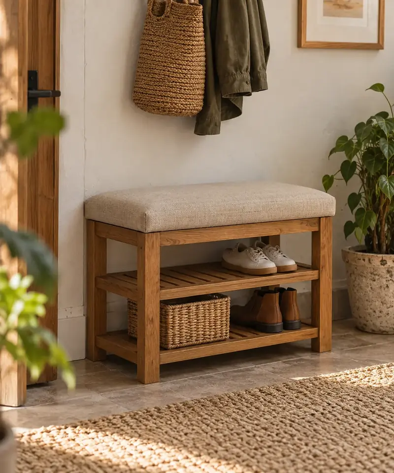 Banco Zapatero de Madera con Asiento Tapizado