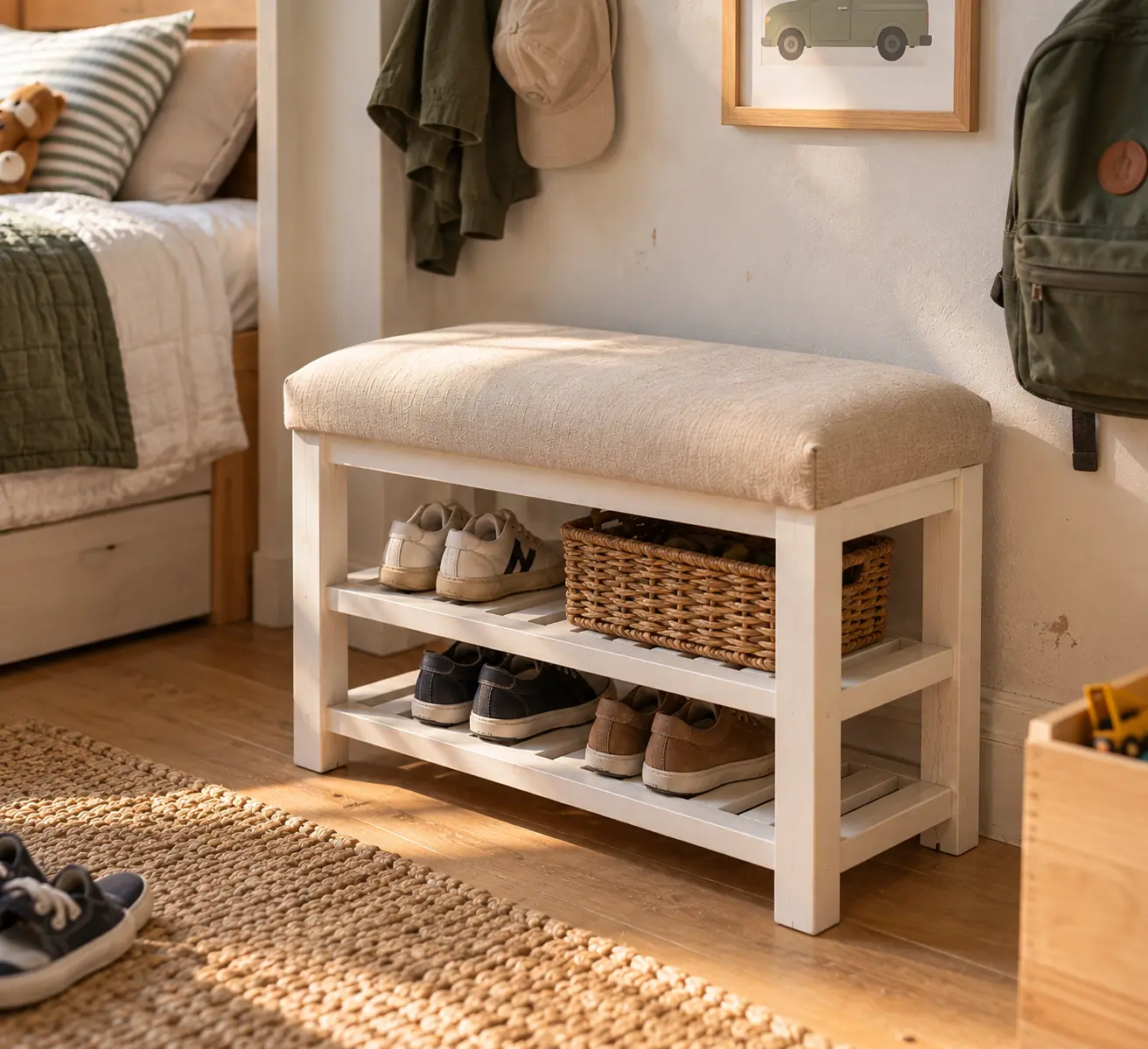 Banco Zapatero de Madera con Asiento Tapizado