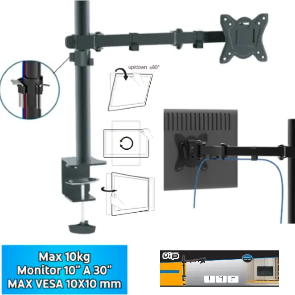Soporte Para Monitor De 10″ A 30″ / MAX 10KG / MAX VESA 100X100MM / Brazo Articulado /