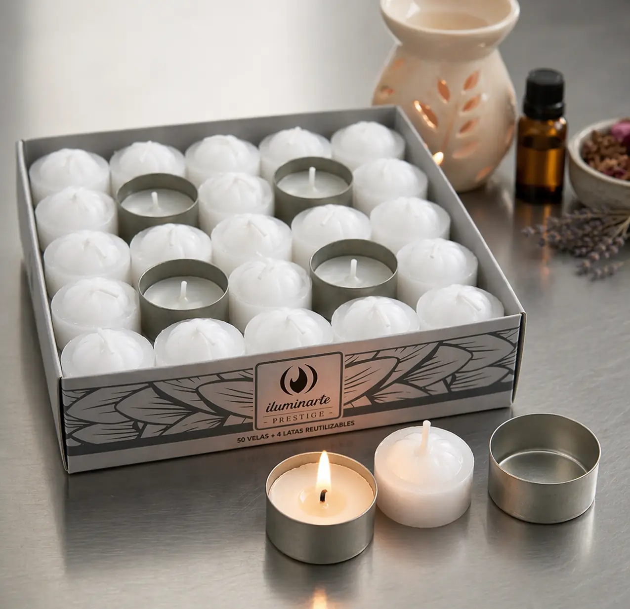 VELAS DE NOCHE ILUMINARTE PACK X 50 U BLANCAS  (4 PORTAVELAS)