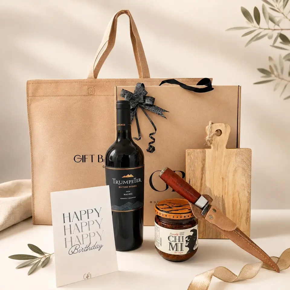 GS Asador | Regalo gourmet para amantes del asado con vino Trumpeter y cuchillo campero