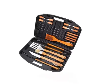 Set Asador Juego Parrilla Madera y Acero 18 Piezas Con Estuche