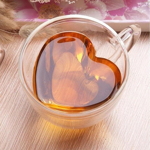 Set 2 Tazas Doble Vidrio 240ml Con Forma De Corazón Para Té Café