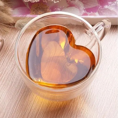 Set 2 Tazas Doble Vidrio 240ml Con Forma De Corazón Para Té Café