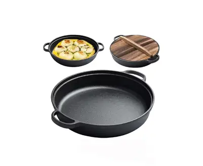 Sarten Cacerola Hierro Fundido 4.5 Litros Diametro 31cm Doble Asa Con Tapa De Madera
