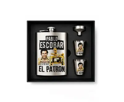 Set Premium Pablo Escobar Petaca de A. Inoxidable + 2 vasos cortos tipo shot