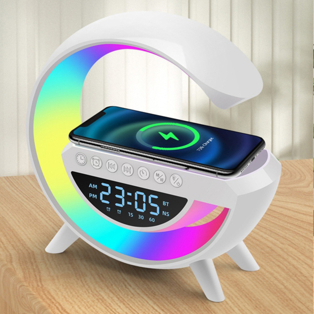 Lampara Led con Cargador de Celular y Reloj color Blanco