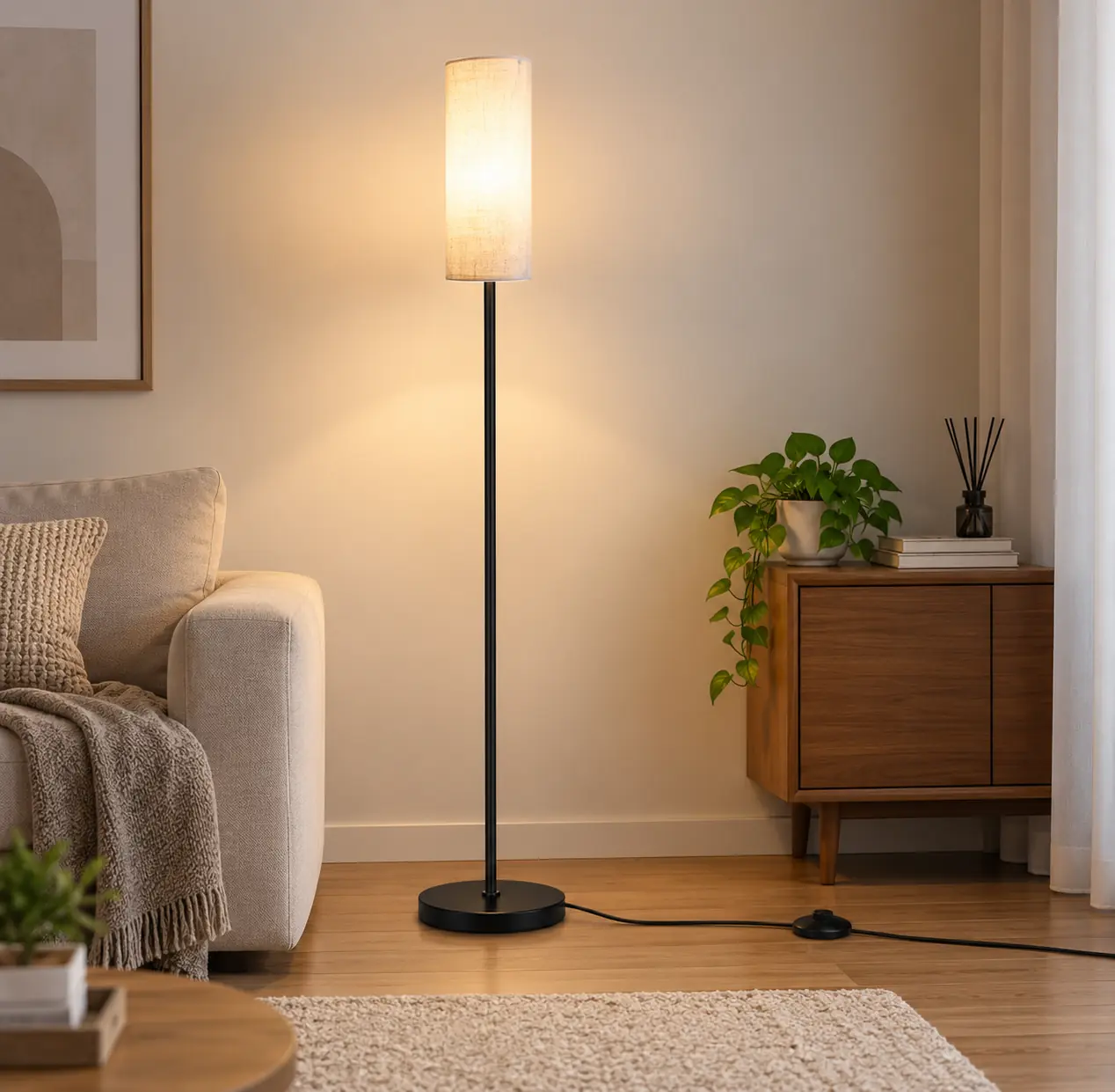 Lampara De Pie Led Con Pantalla De Lino Luz Fria 6500k