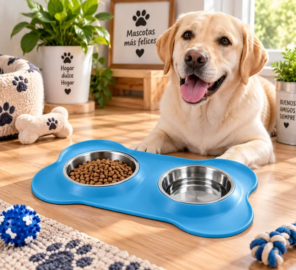 Plato Tacho Doble De Acero Comida y Agua Para Mascotas Perro y Gatos