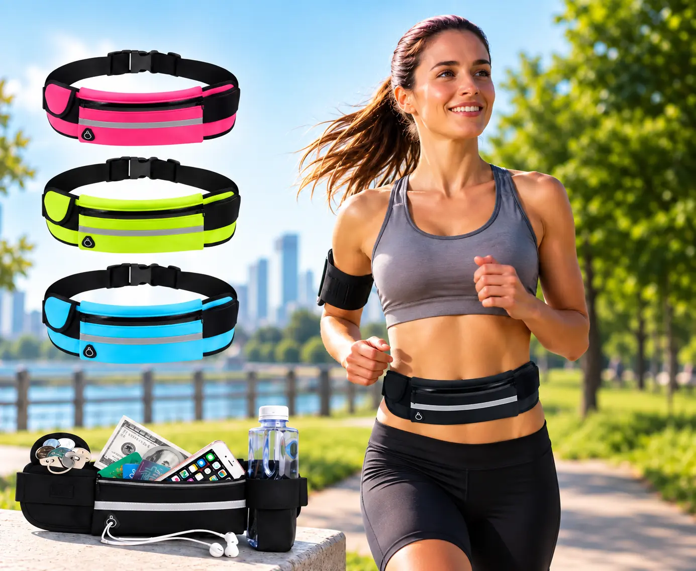 Riñonera Deportiva Impermeable Running Entrenamiento Expandible Porta Botella y Celular