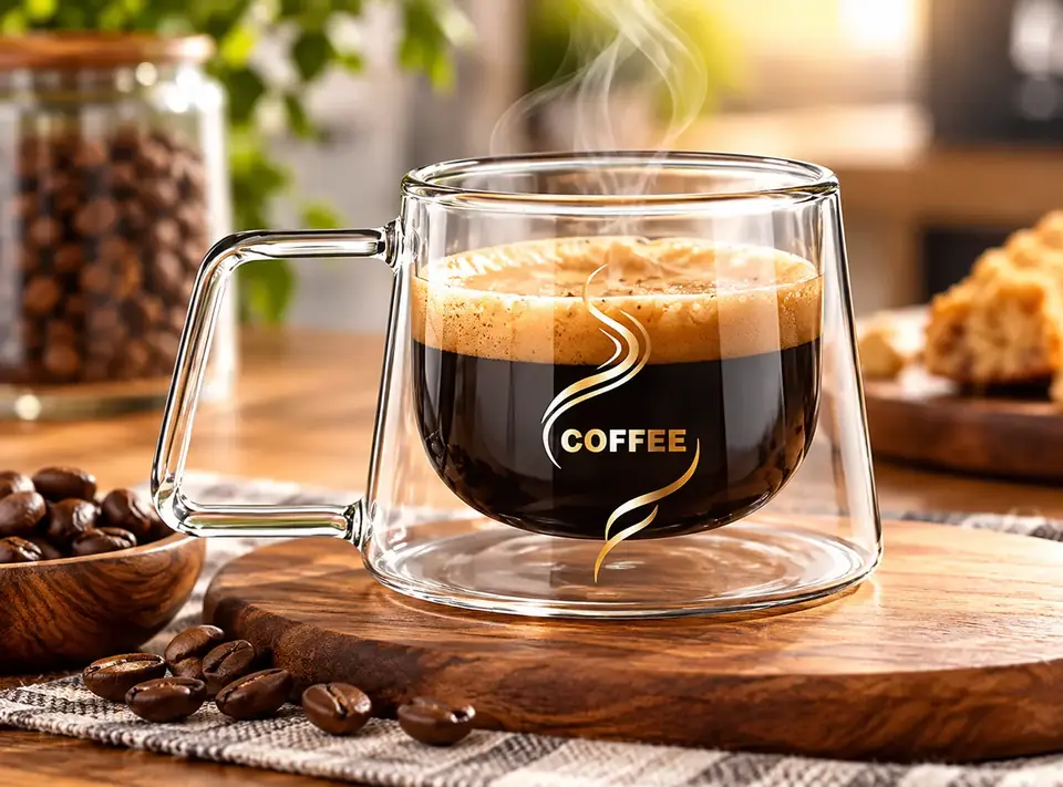 Taza De Vidrio Doble Pared Para Té Café Con Base Plana y Asa