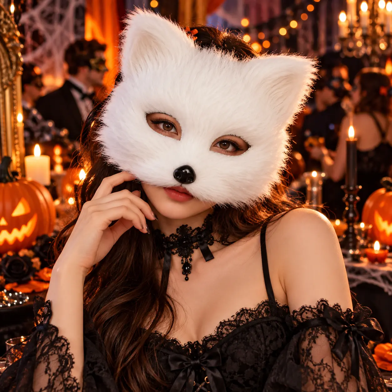 Antifaz blanco combina orejas puntiagudas para Halloween