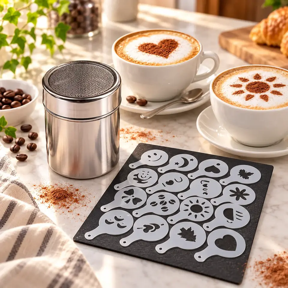 Kit Plantillas Decoración Café Tortas Con Espolvoreador Set Completo 22Pcs