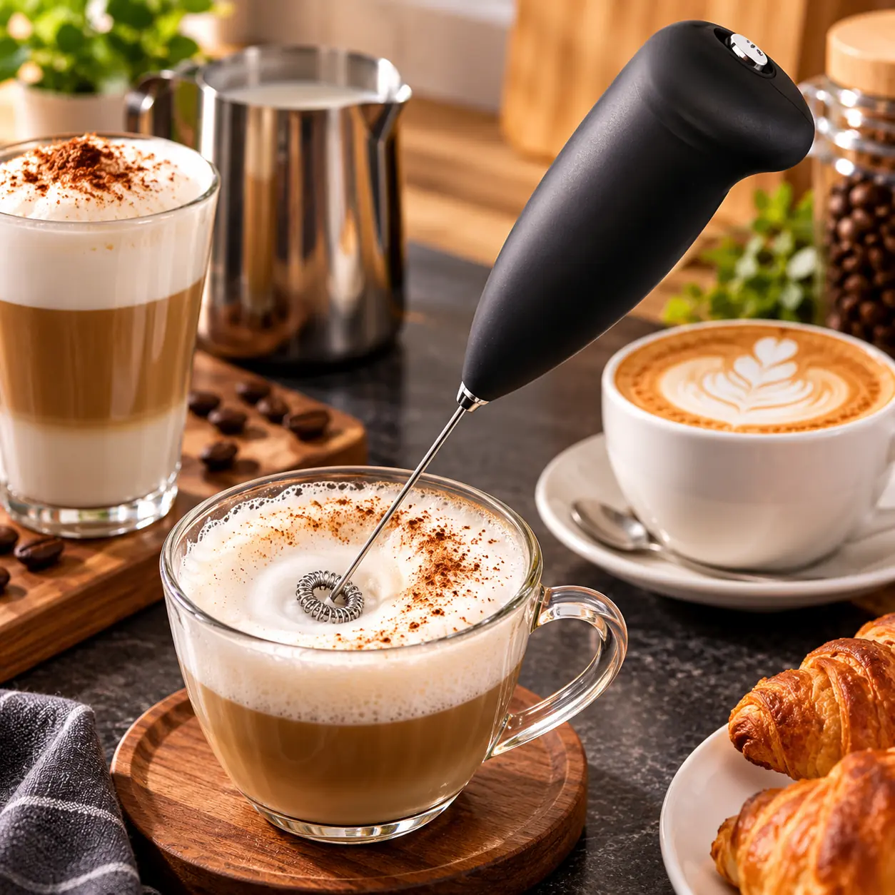 Batidor Eléctrico Manual Huevo Café Capuchino A Pilas Con Soporte