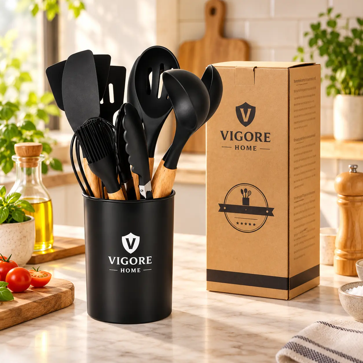 Set de menage de silicona y madera 12pcs. Vigore Negro