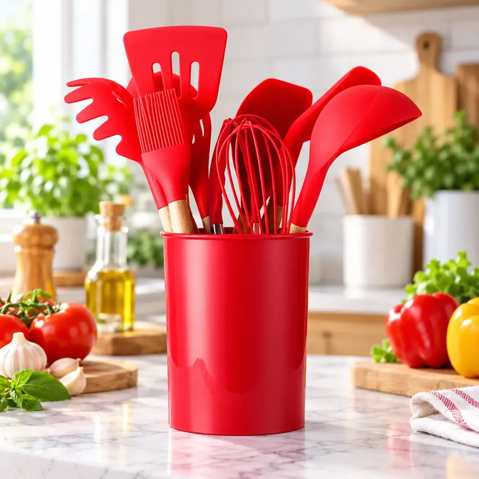 Juego 12 Utensilios De Silicona Mango Madera Color Rojo