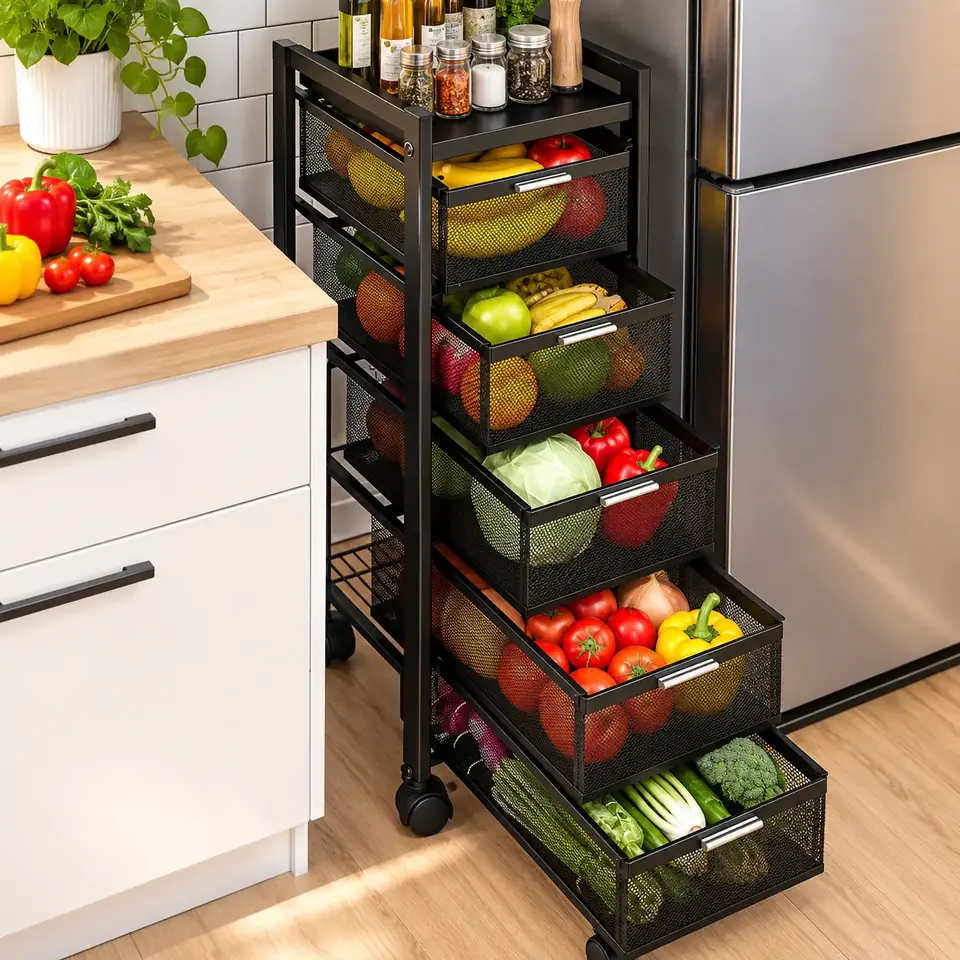 Organizador Con 5 Estantes Canastos Frutero Cocina Baño Carro De Metal Con Ruedas