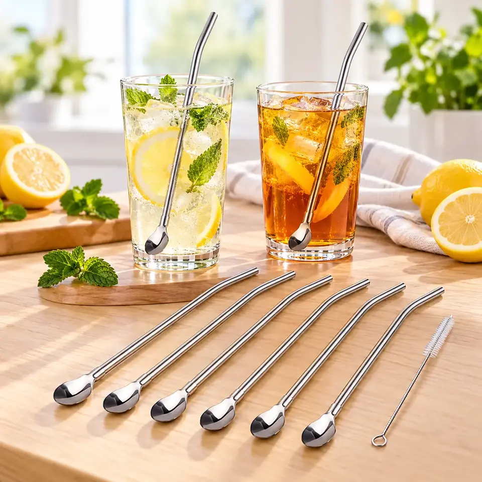 Set De 6 Pajitas Sorbito Metálico Reutilizable 21cm +1 Limpiador