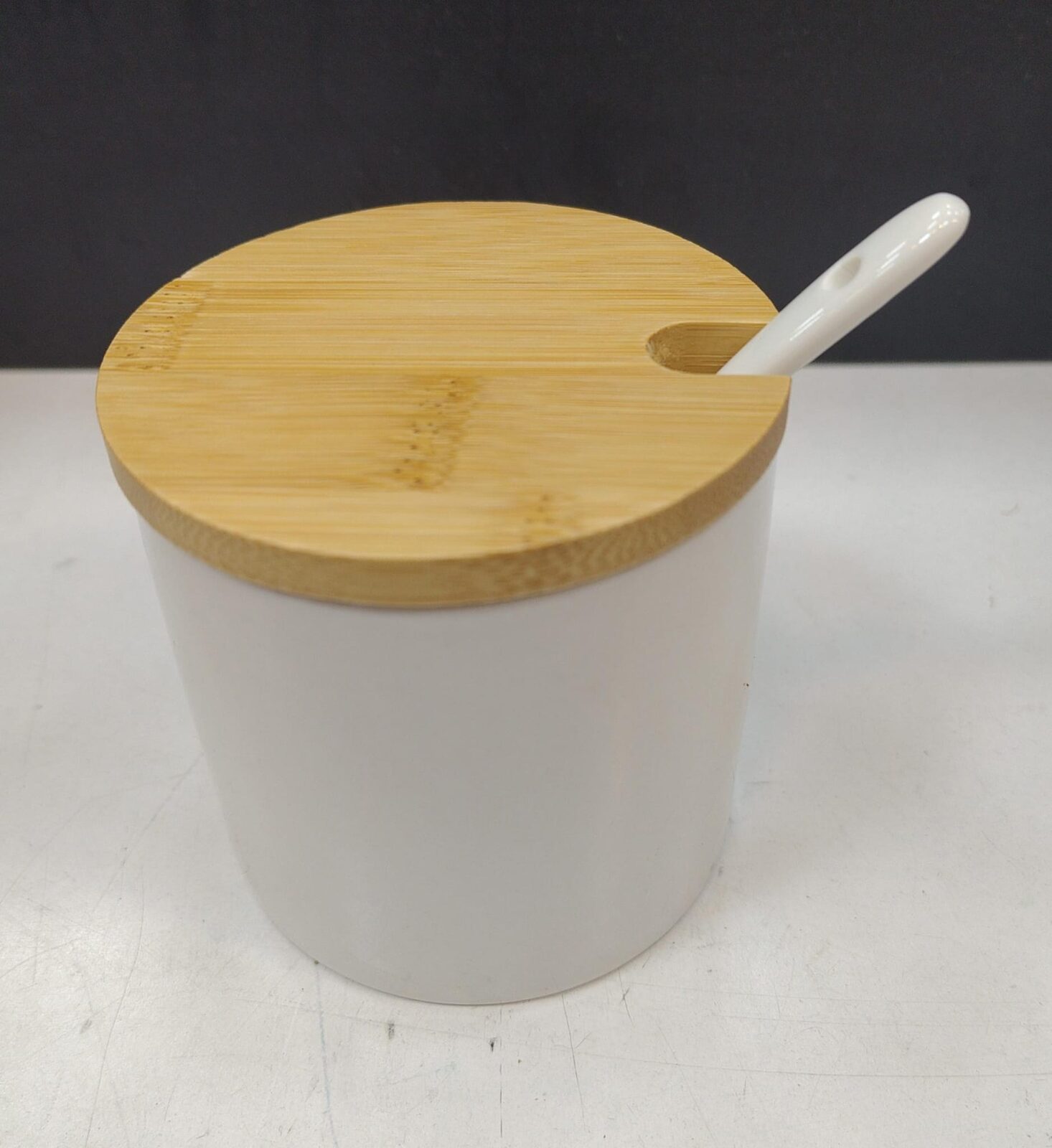 990087-AZUCARERA PORCELANA TAPA BAMBU + CUCHARA