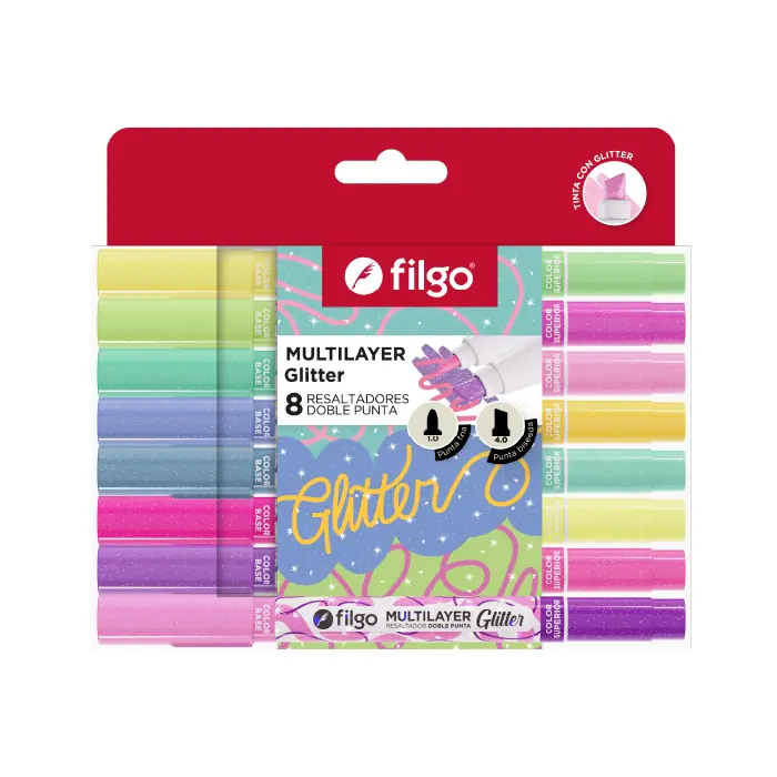 Resaltador Multilayer Glitter Doble Punta x8 Filgo