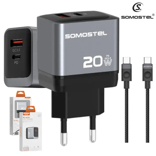 Cargador De Pared Somostel PD 20W + Puerto USB QC3.0 Con Cable PD Tipo-C A (COMPATIBLE CON PLAN CEIBAL)