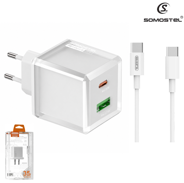 Cargador De Pared Somostel PD 35W + Puerto USB Con Cable Tipo-C A Tipo-C (COMPATIBLE CON PLAN CEIBAL)