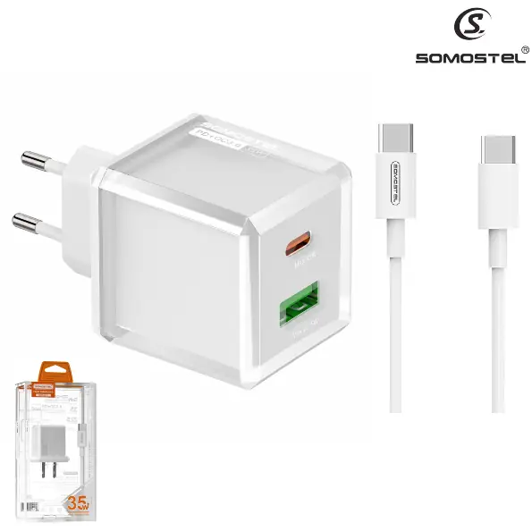 Cargador De Pared Somostel PD 35W + Puerto USB Con Cable Tipo-C A Tipo-C (COMPATIBLE CON PLAN CEIBAL)
