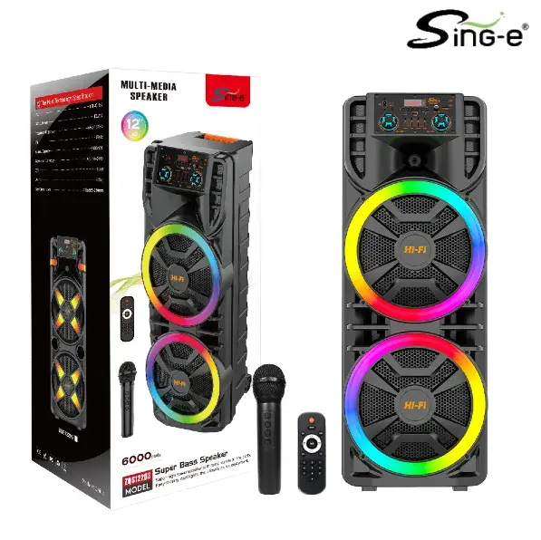 Parlante 12″x2 Bluetooth Con Micrófono Y Control / Con DSP / Radio FM / MicroSD / USB / AUX 3.5mm / 40Wx2 / 6000mah