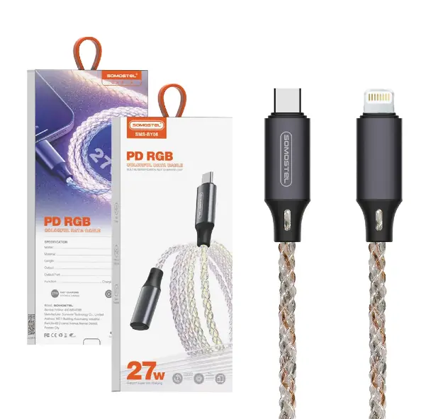 Cable 27w tipo-C a iphone 1mt acordonado con luces rgb