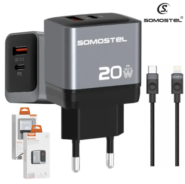 Cargador De Pared Somostel PD 20W + Puerto USB QC3.0 Con Cable PD Tipo-C A Lightning