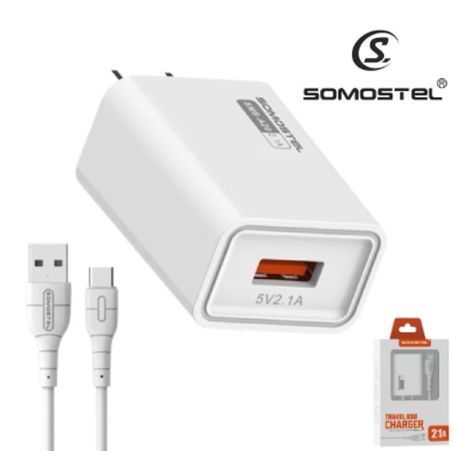 Cargador De Pared SOMOSTEL Puerto USB 2.1A + Cable Tipo-C