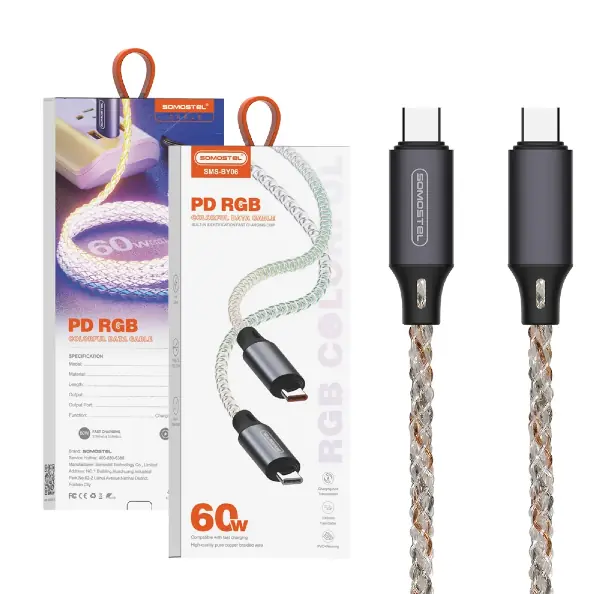 Cable PD60w tipo-c a c 1mt acordonado con luces rgb