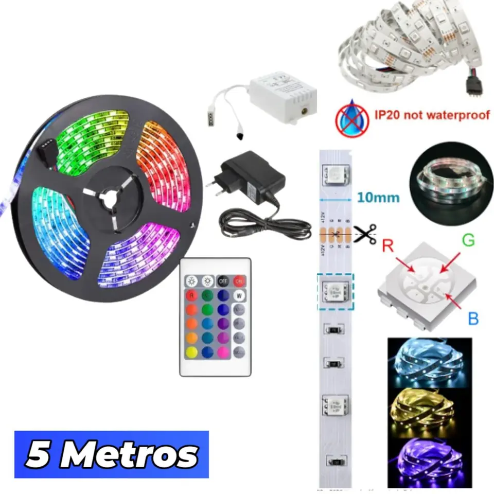 Cinta Tira Luces Led 5MT Con Transformador+Control IP20 Interior