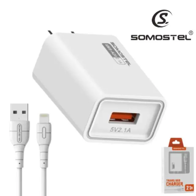 Cargador De Pared SOMOSTEL Puerto USB 2.1A + Cable Para iPhone Lightning