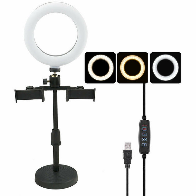 Aro De Luz 16CM De Escritorio/USB 5V/10W/Tripode 25CM Con Base/2 Soportes Para Celular