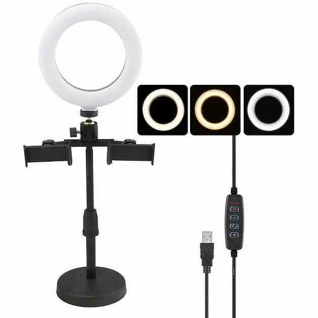 Aro De Luz 16CM De Escritorio/USB 5V/10W/Tripode 25CM Con Base/2 Soportes Para Celular