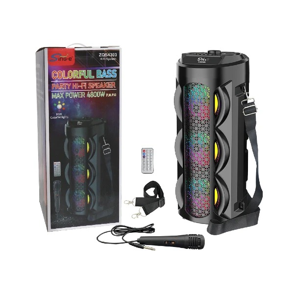 Parlante 4″x3 Bluetooth Con Micrófono Y Control / Radio FM / MicroSD / USB / AUX 3.5mm / 15W / 4800W P.M.P.O / 1800mah / Sing-e ZQS-4303