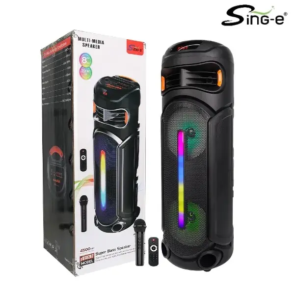 Parlante 8″x2 Bluetooth Con Micrófono Y Control / Radio FM / MicroSD / USB / AUX 3.5mm / 20Wx2 / 4500mah / Sing-e ZQS-8267