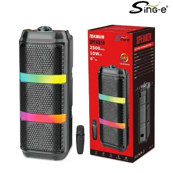 Parlante 4″x3 Bluetooth Con Micrófono / Radio FM / MicroSD / USB / AUX 3.5mm / 20W / 2500mah / Sing-e ZQS-4305XW