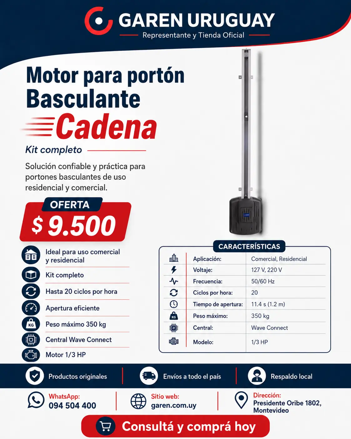 Motor para Portón Basculante Garen Cadena 1/3 HP – Hasta 350 kg